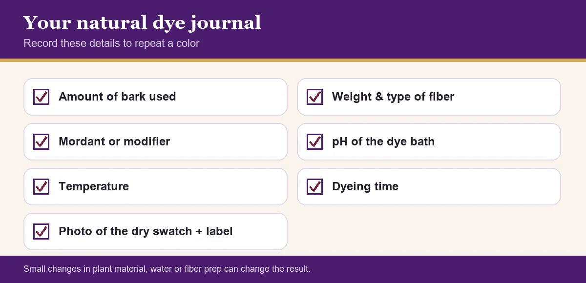 Natural dye journal checklist for repeating Mimosa hostilis dye colors